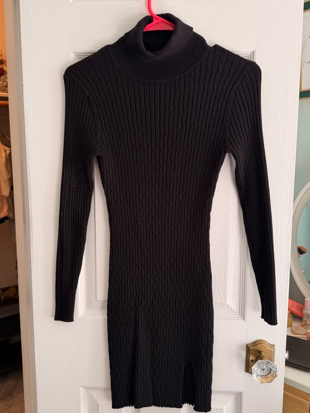 Black Turtleneck Cable-Knit Women's Sweater Dress